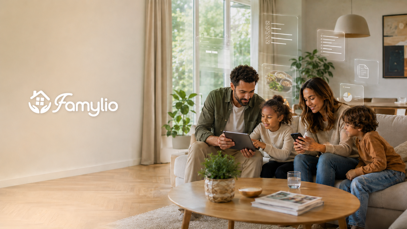 Famylio OS visible sur tablette et mobile dans la maison